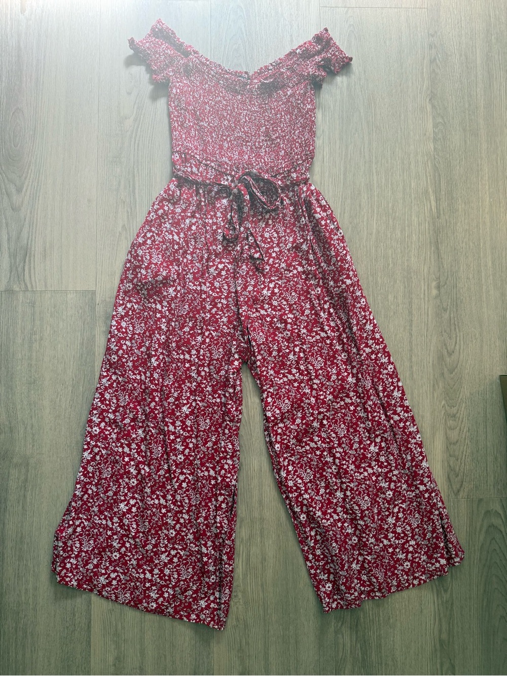 Lulu's Burgundy Floral Off-Shoulder Wide-Leg Jumpsuit